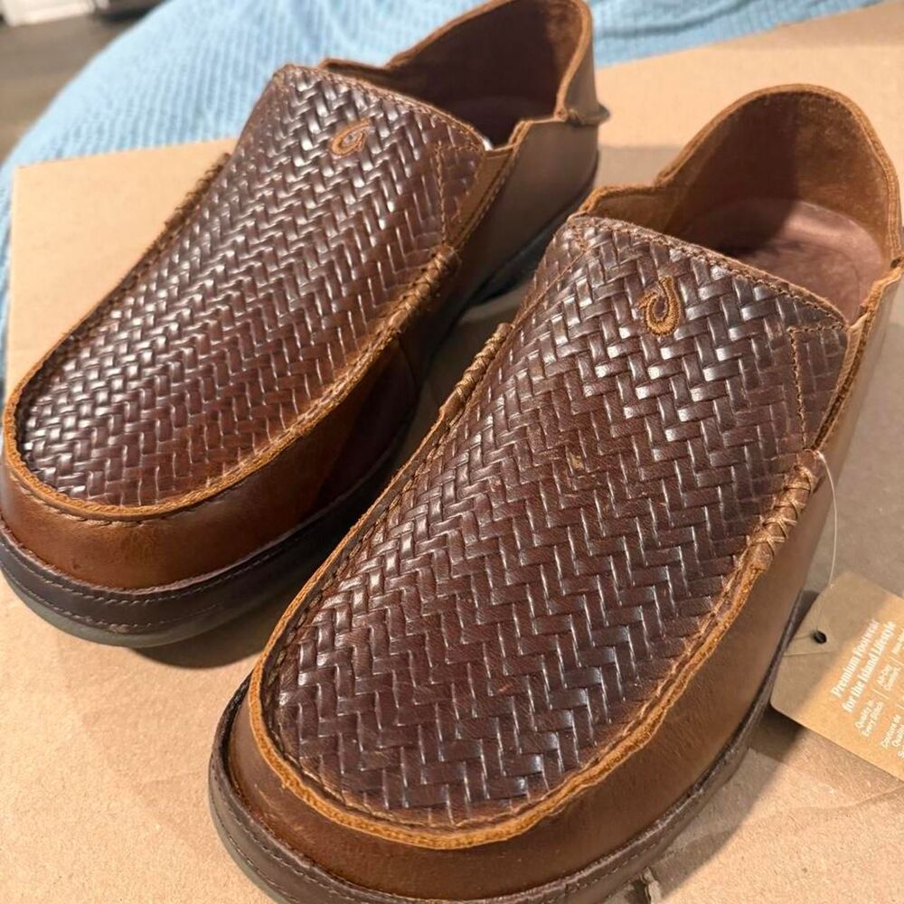NWT OluKai Men's Lae'ahi Lauhala Woven Leather Drop-In Heel Slip On Loafers
